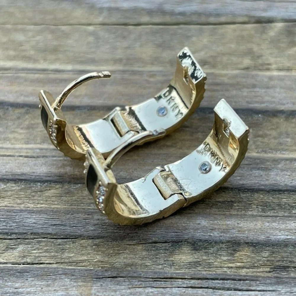 DKNY Women Earrings GoldBlack Tone Crystal Accent Hinge Ladies Ear Jewelry New - Picture 10 of 12